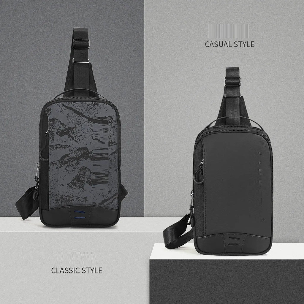 Casual black camouflage pattern chest bag with a single shoulder strap and soft handle.