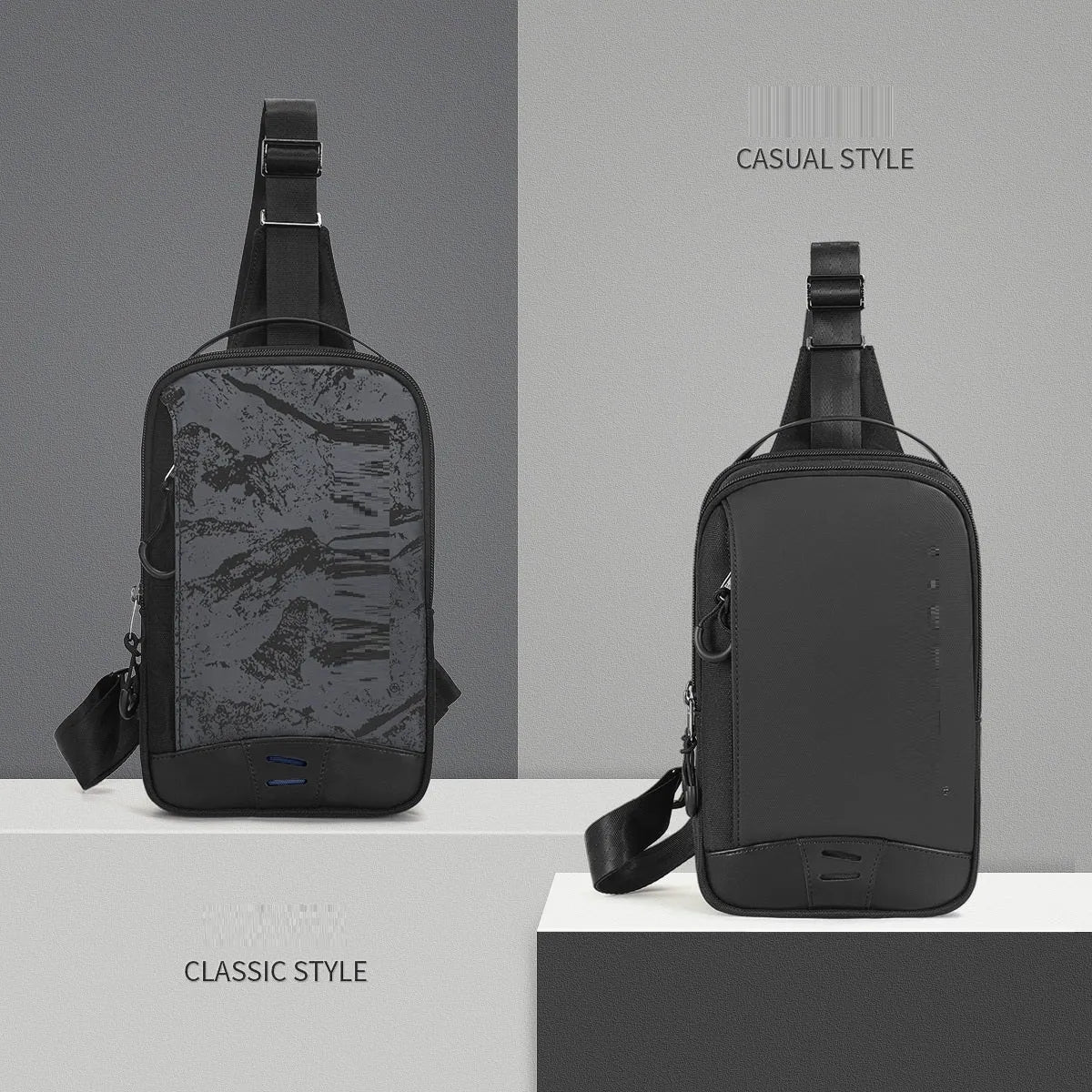 Casual black camouflage pattern chest bag with a single shoulder strap and soft handle.