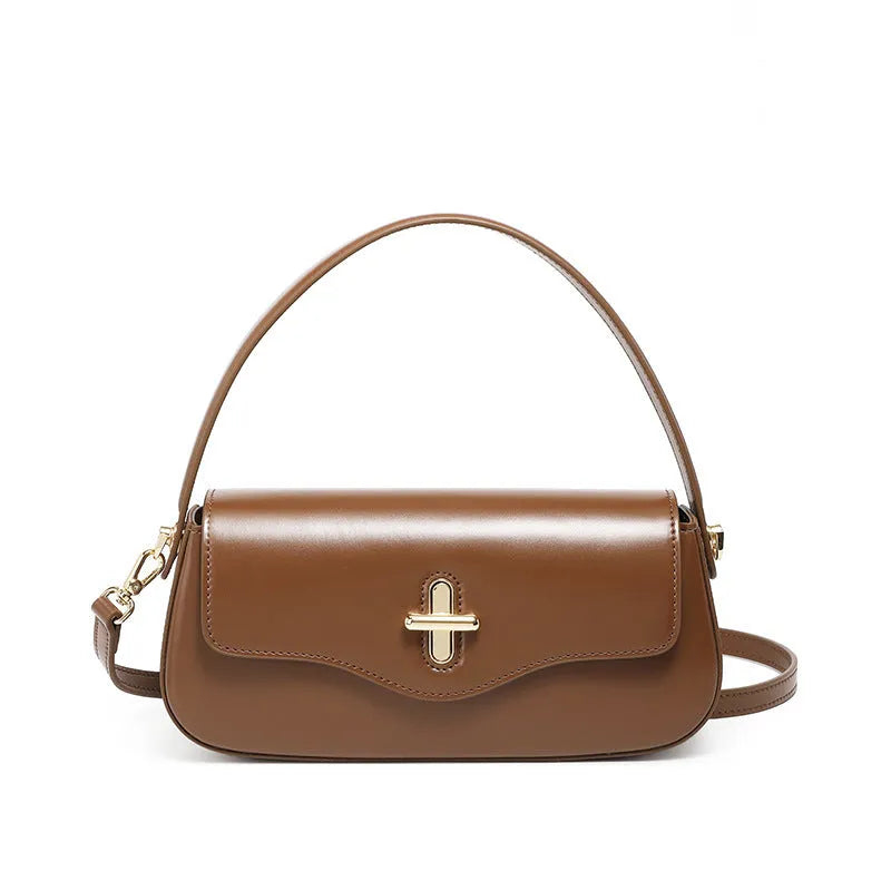 26cm wide genuine leather women's handbag in horizontal square shape with clamshell opening and double shoulder straps