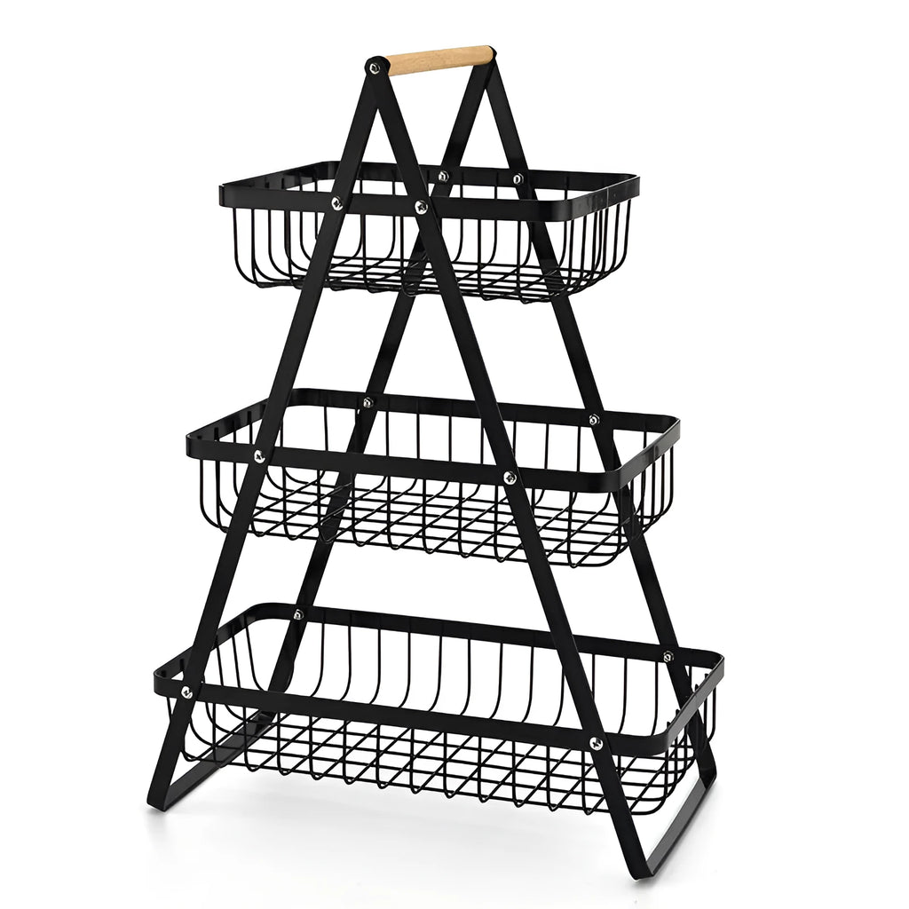 Black detachable double-layer iron fruit basket with a wooden carry handle on a tabletop.