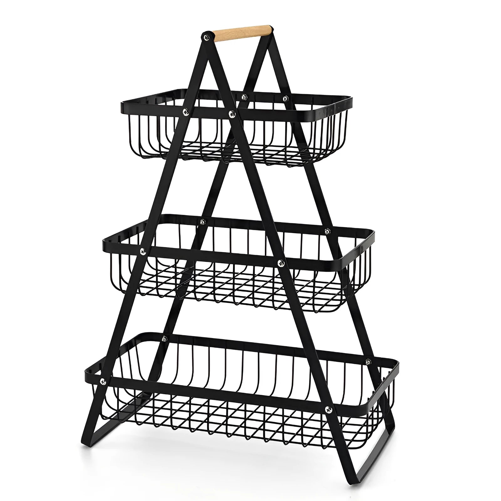 Black detachable double-layer iron fruit basket with a wooden carry handle on a tabletop.