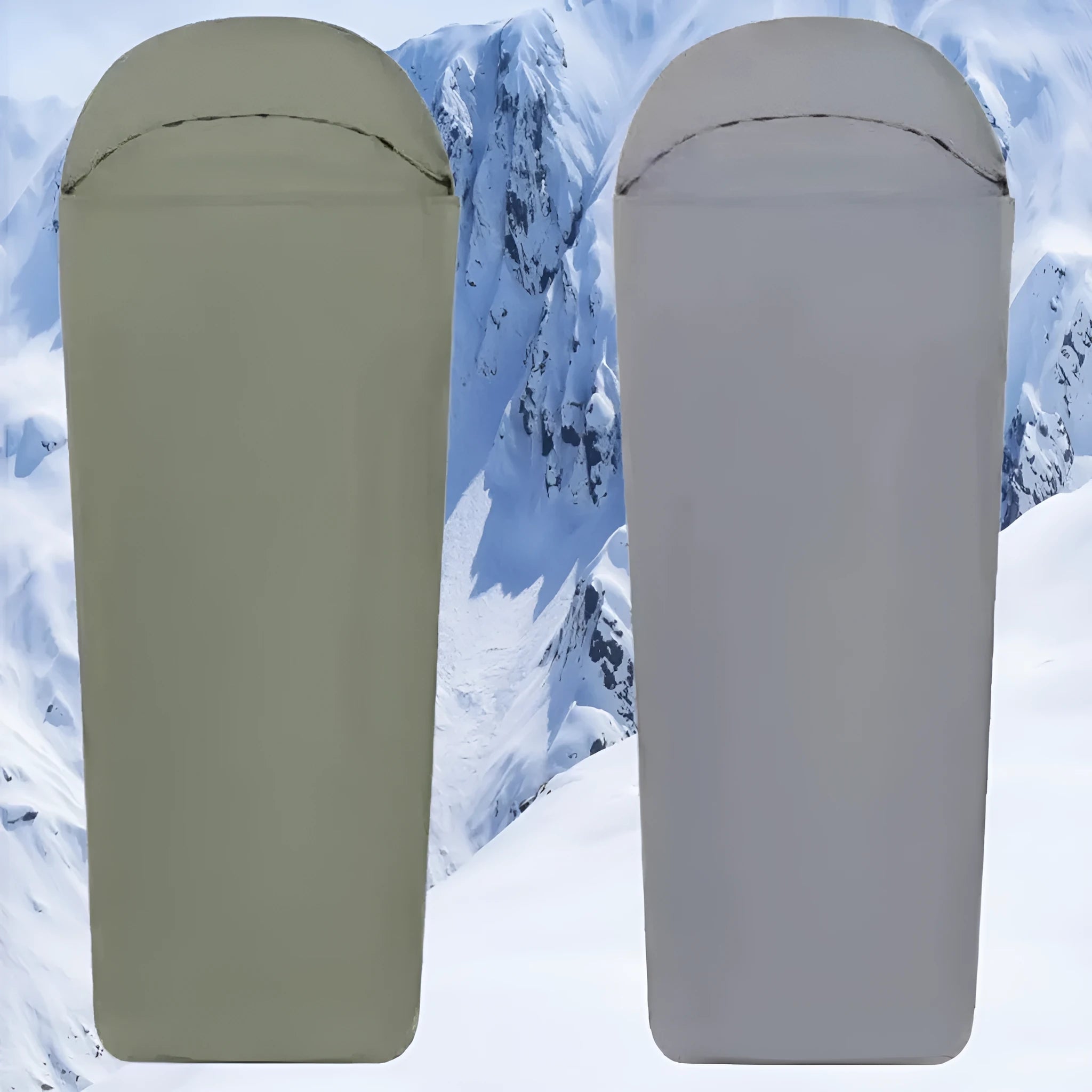 Blue lightweight nylon mummy sleeping bag for adult camping, shown with green colour option.