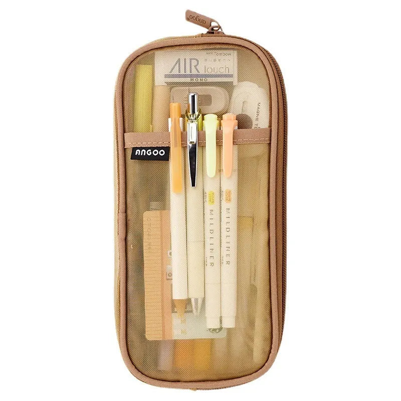Transparent mesh square pencil case in green, grey, khaki, or blue colour options
