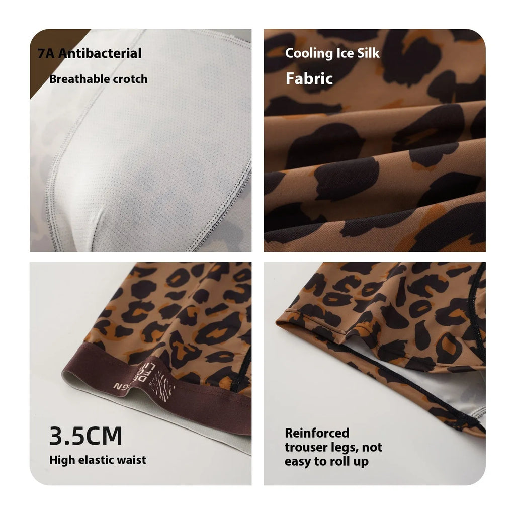 Men's leopard print boxer shorts made from knitted polyester fabric on a mid-waist mannequin.
