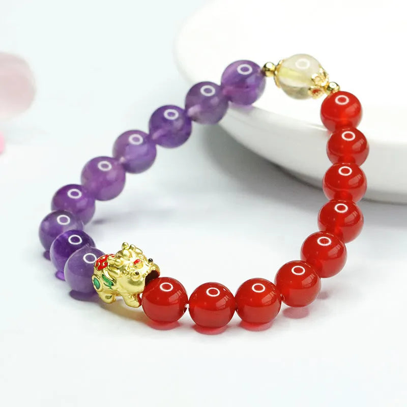 Women's amethyst and red agate bracelet with Chinese style design and 8mm stones