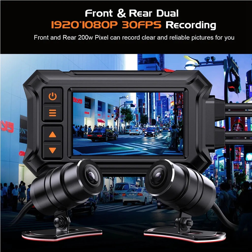 Motorcycle tachograph recorder with 3-inch display, dual lenses, GPS module, and waterproof housing