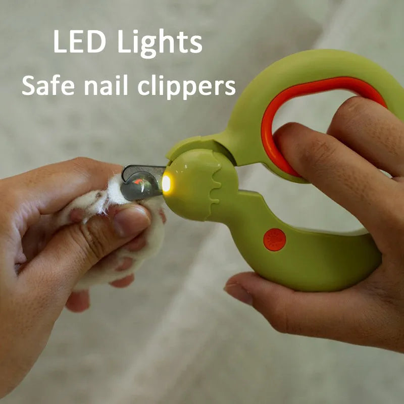 LED pet nail clippers with illuminated cutting area for cats and dogs, showing blue handle option