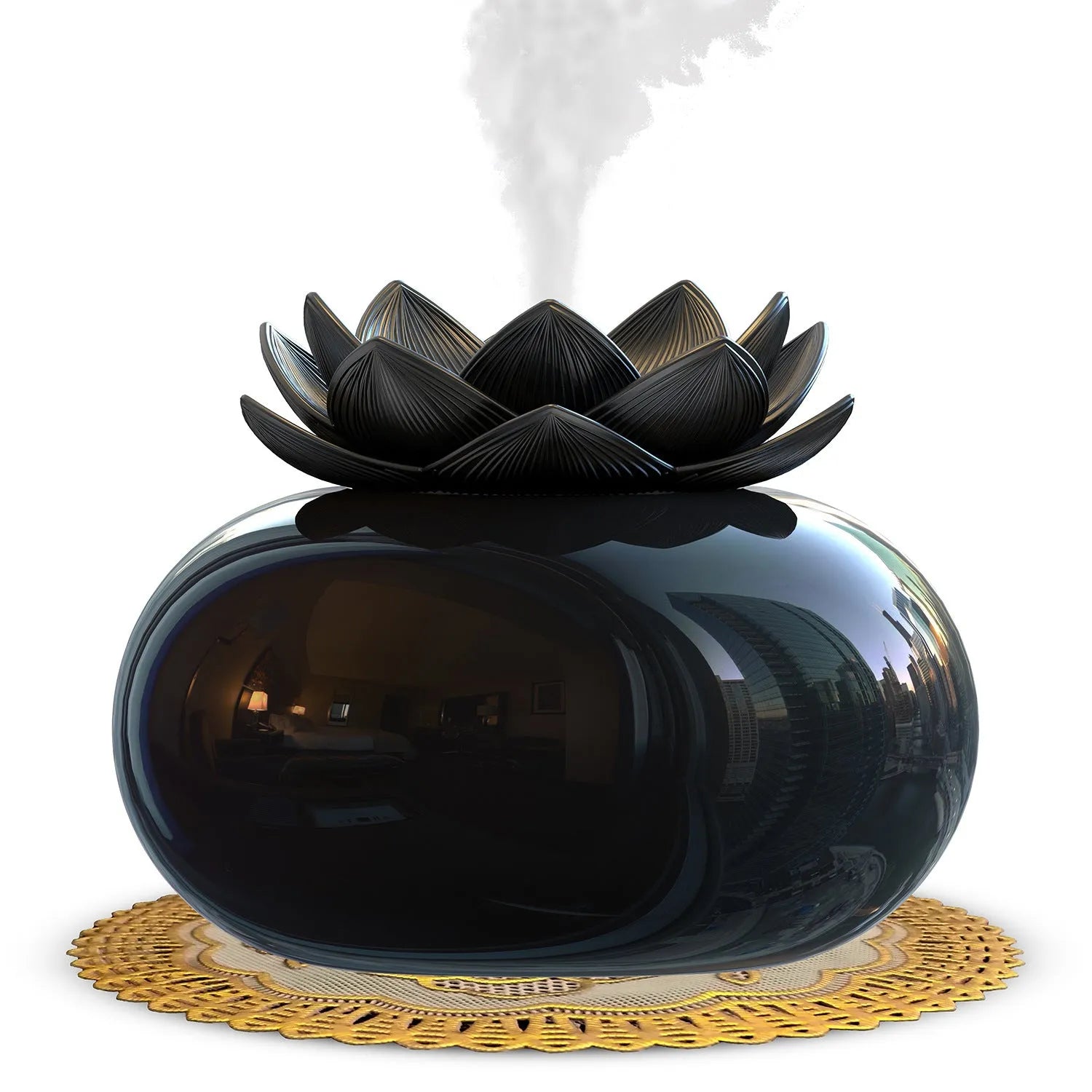 Pure black lotus-shaped USB aromatherapy humidifier on a desk.