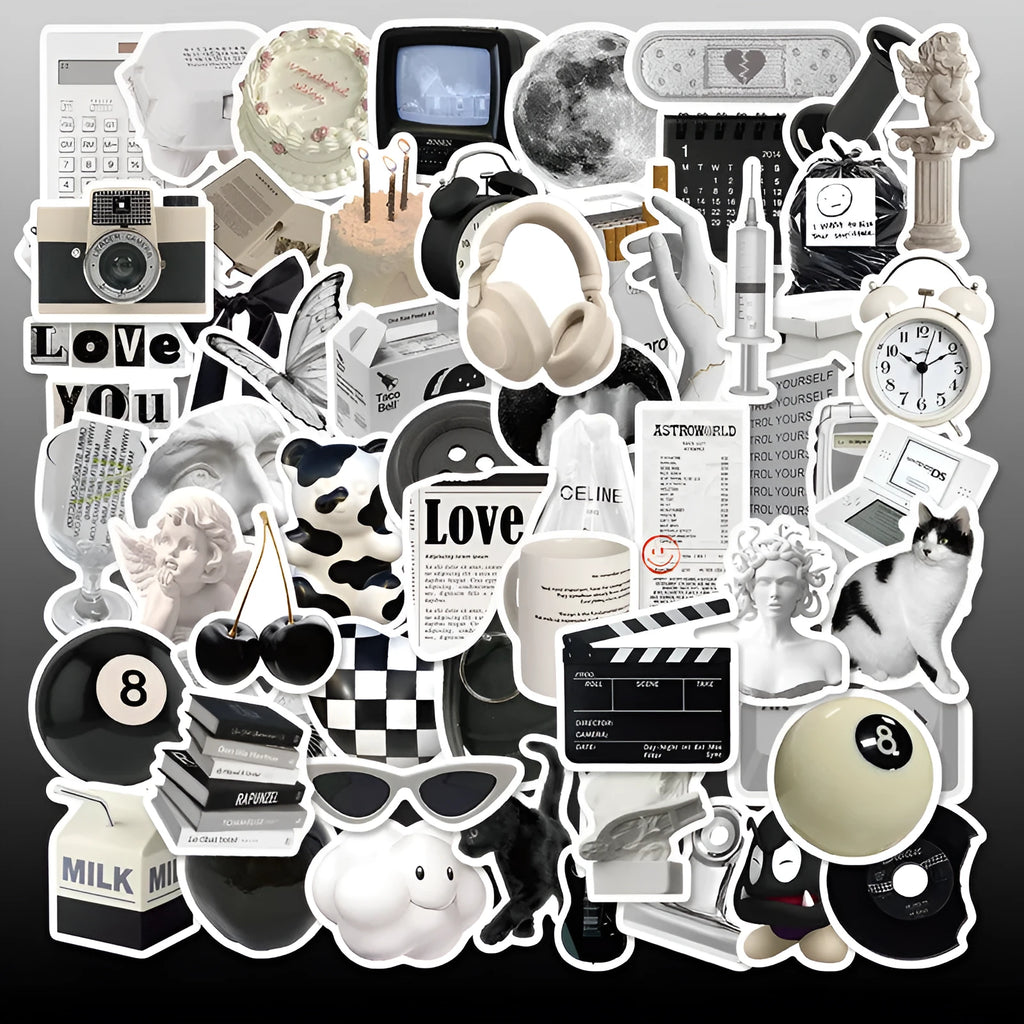 Pack of 61 black and white simple style PVC waterproof stickers for laptops and phones.