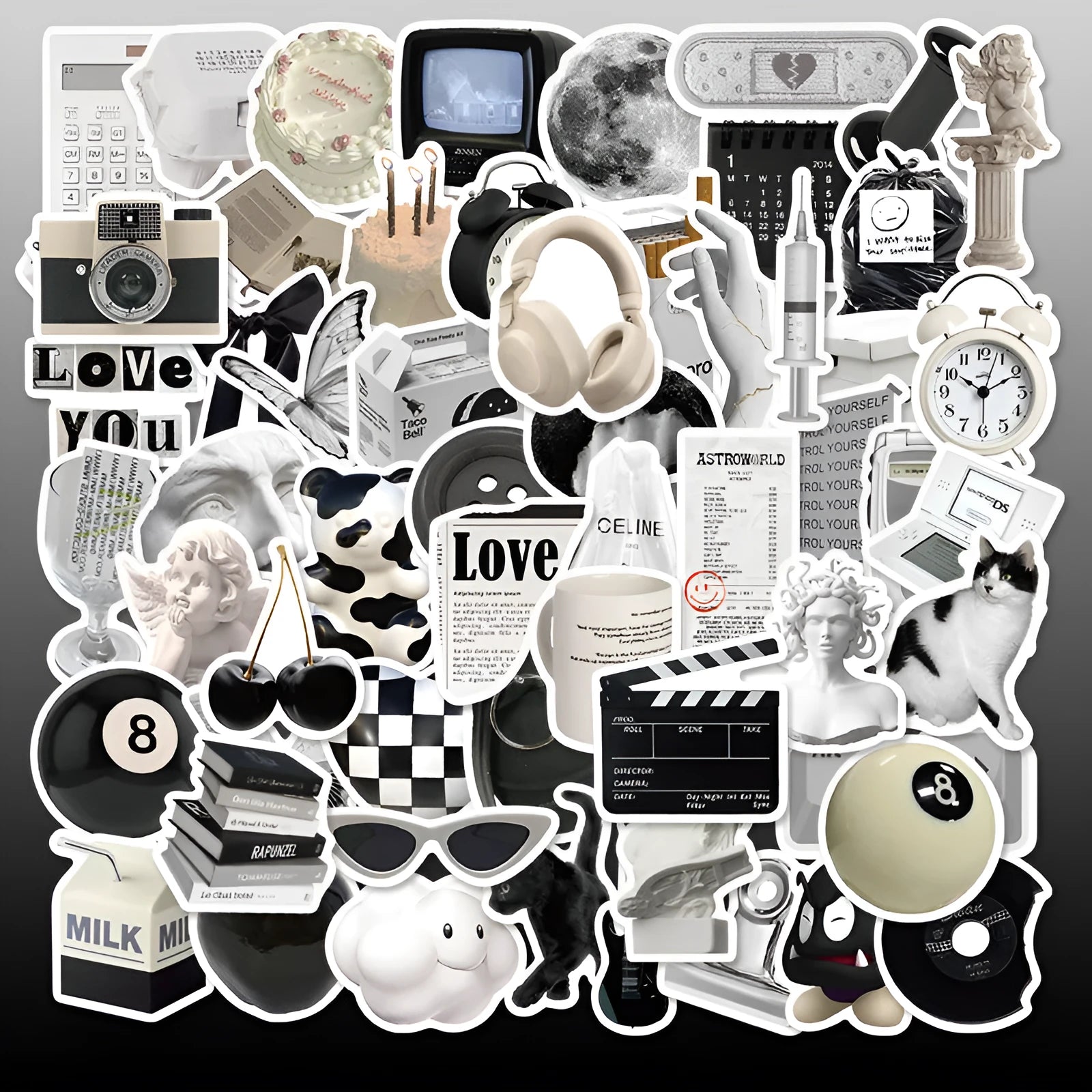 Pack of 61 black and white simple style PVC waterproof stickers for laptops and phones.