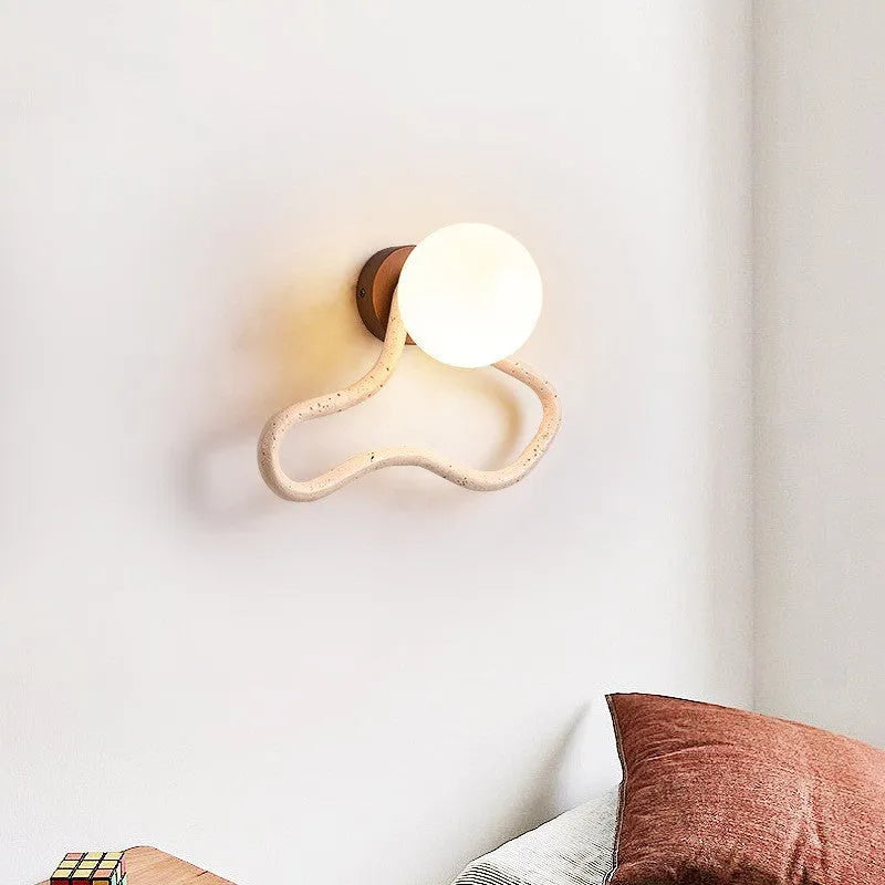 Middle Ancient cream style bedroom wall lamp with white travertine glass shade and solid wood base