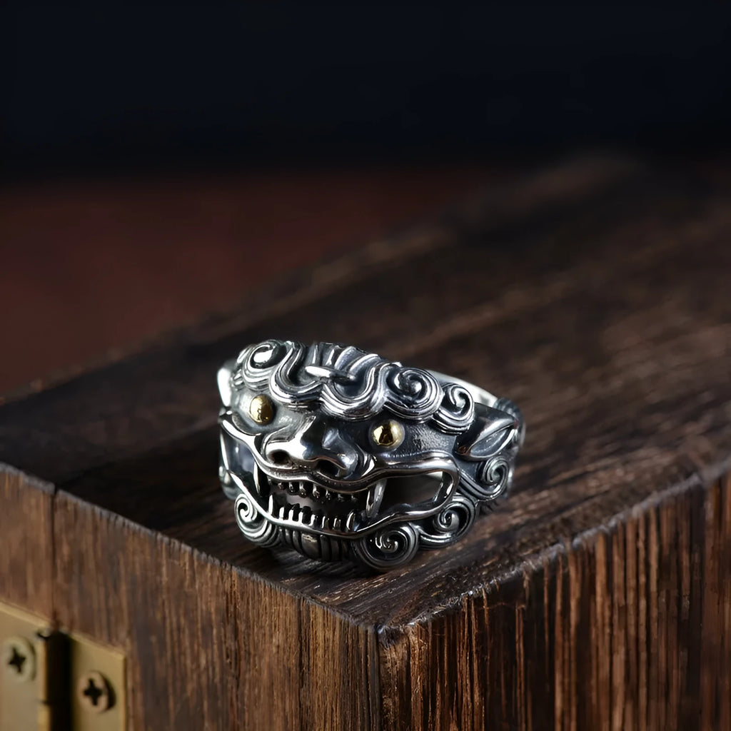 Personalised silver open ring with Jibeast pattern and diamond detailing.
