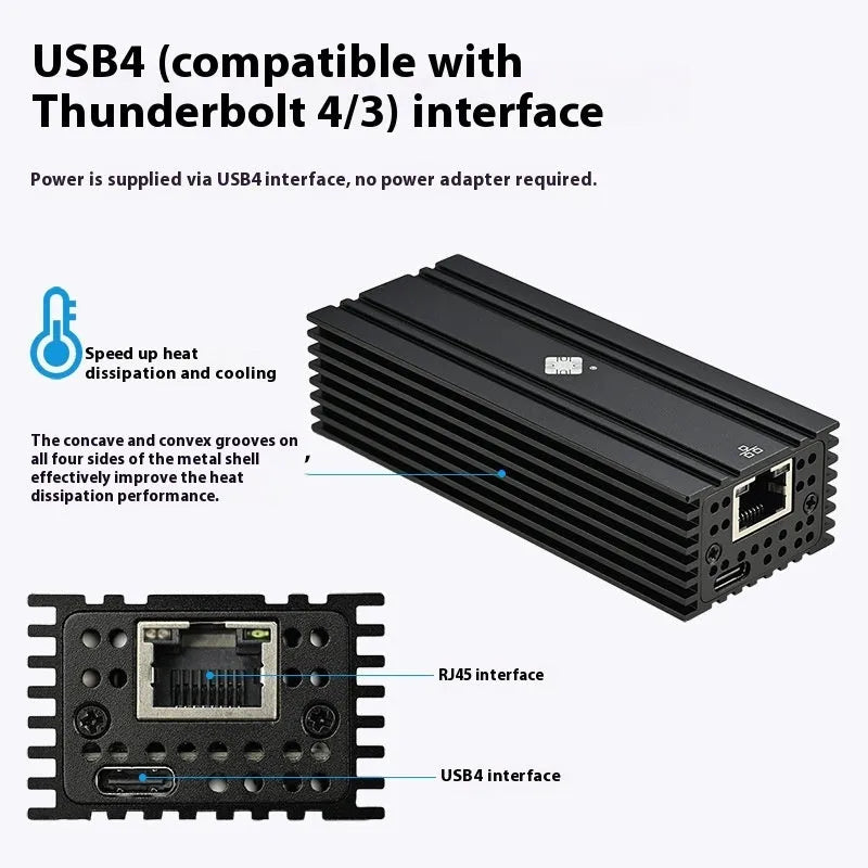 Black USB4 10G network adapter with RJ45 port and 20cm cable for Thunderbolt compatibility