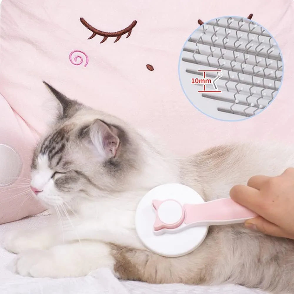 Self-cleaning pet brush with rubber handle and massage needles for cats and dogs