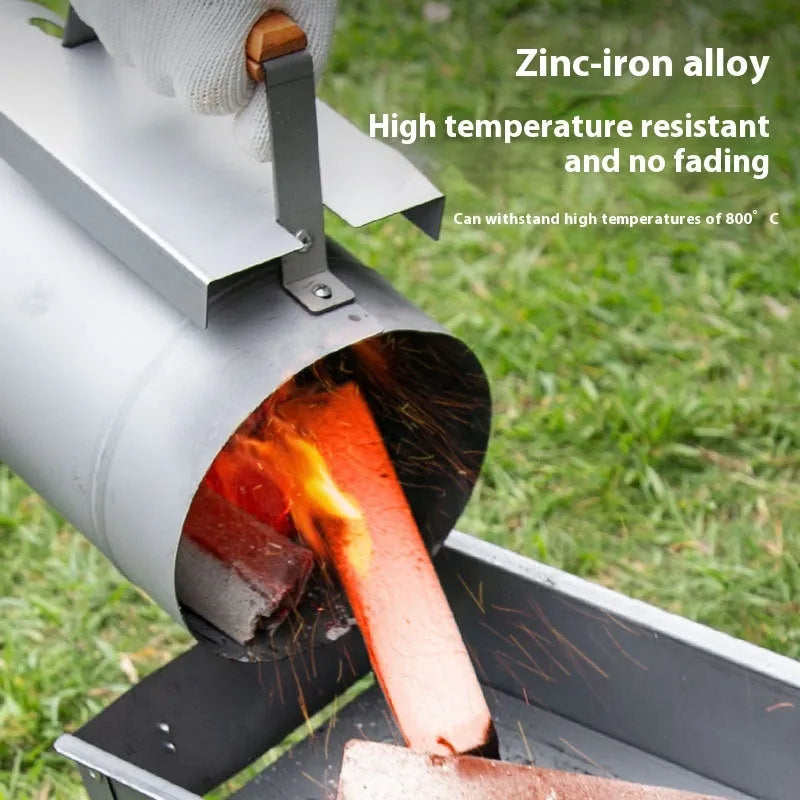 Zinc-iron alloy outdoor charcoal burner in carbon bucket style with an oven igniter.