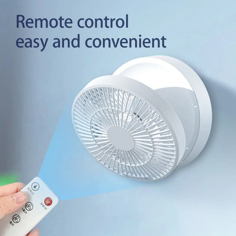 White portable rechargeable folding fan with remote control and night light shown in desktop and wall-mounted positions
