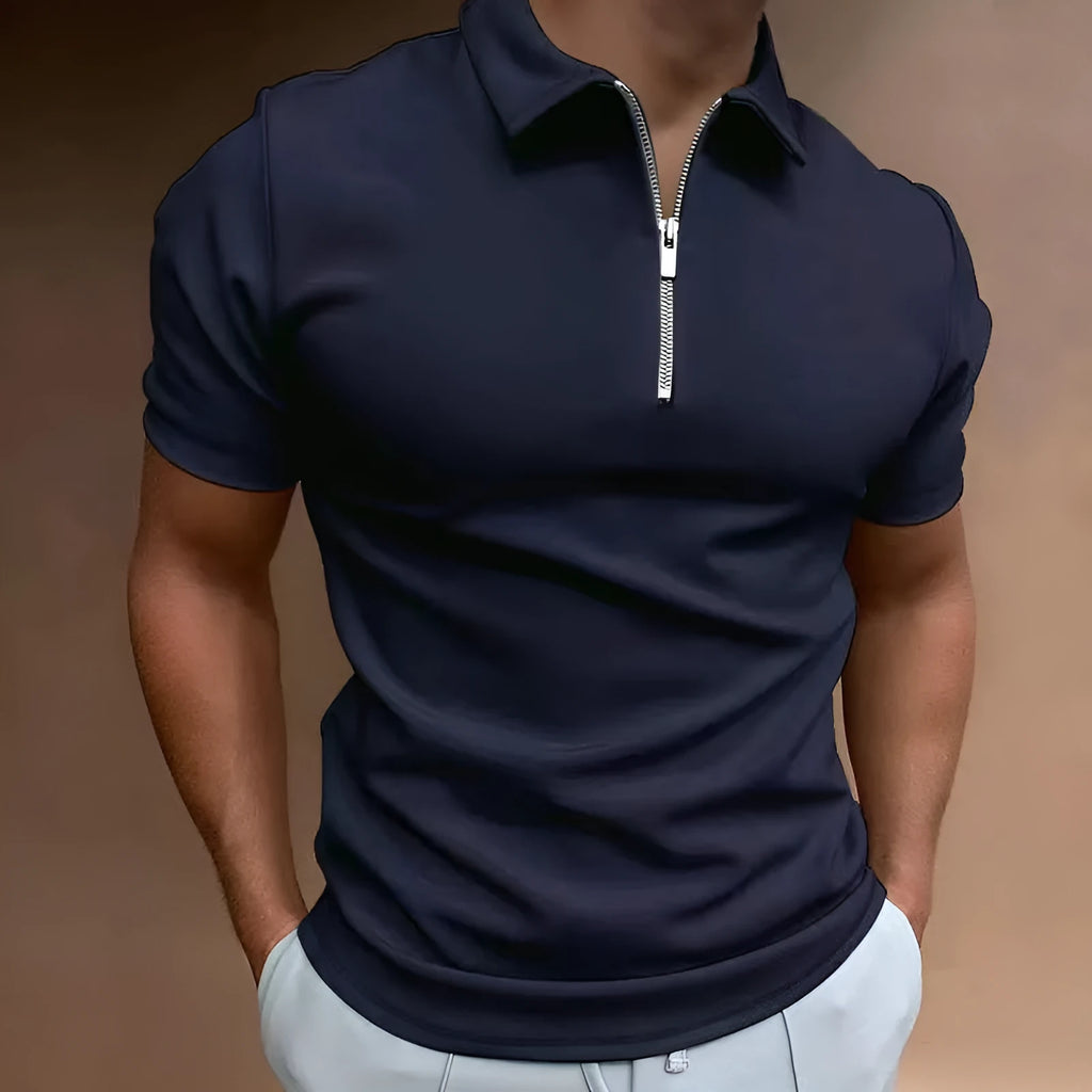 Men's casual short sleeve polo shirt with digital print in navy blue colour