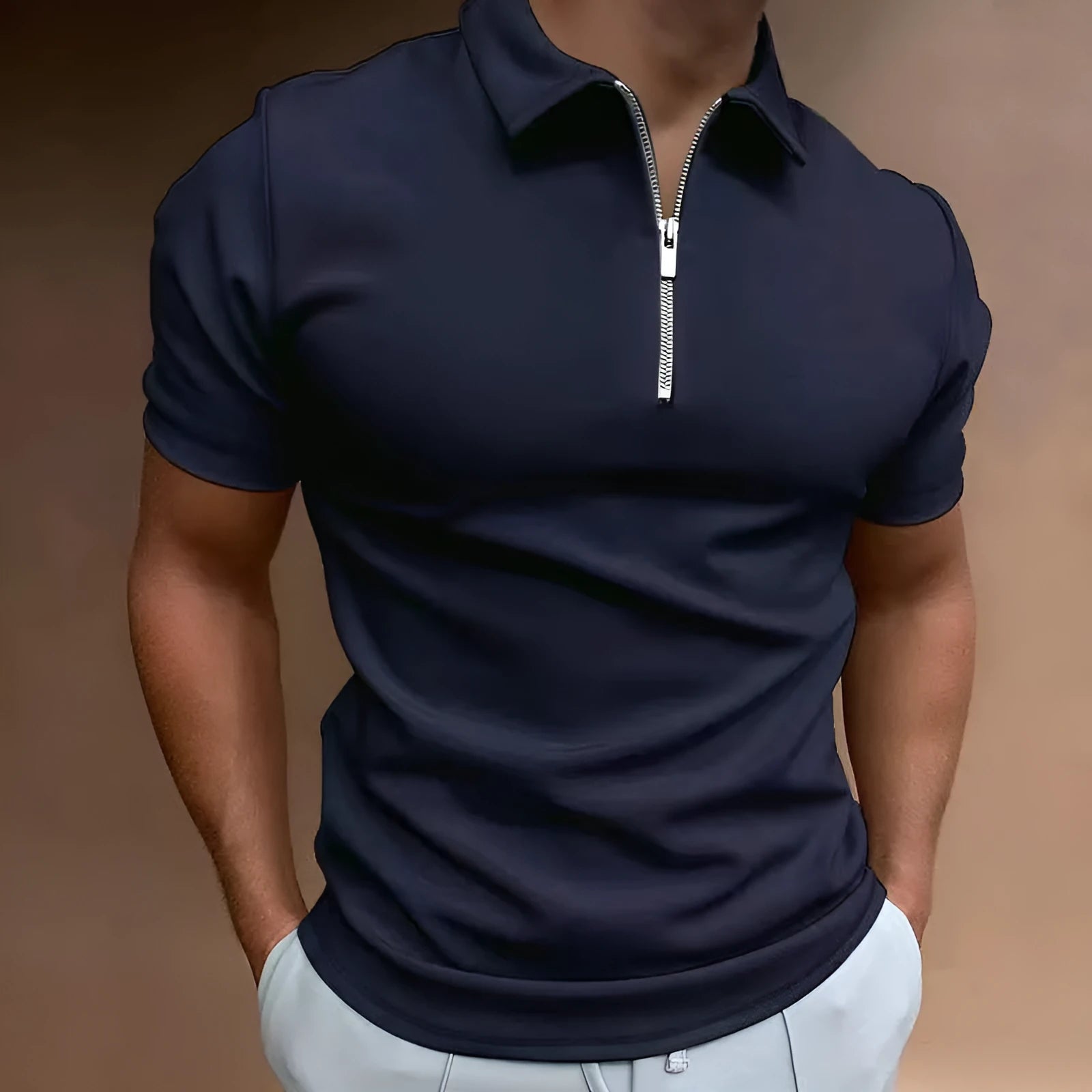 Men's casual short sleeve polo shirt with digital print in navy blue colour