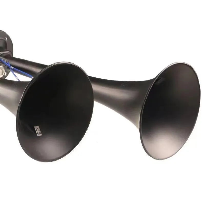 Black dual trumpet super loud 300DB air horn for 12V and 24V vehicles.