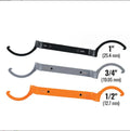 Crescent magnetic suction and catheter locking wrench three-piece set in orange, grey, and black.