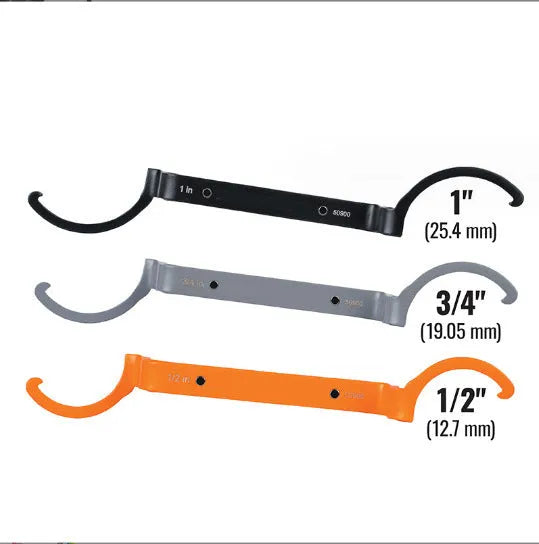 Crescent magnetic suction and catheter locking wrench three-piece set in orange, grey, and black.