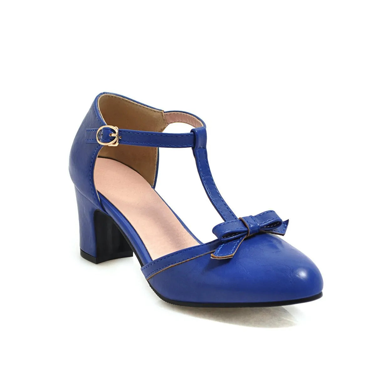 Women's apricot coloured chunky heel sandals with a buckle strap and bow detail on the round toe.