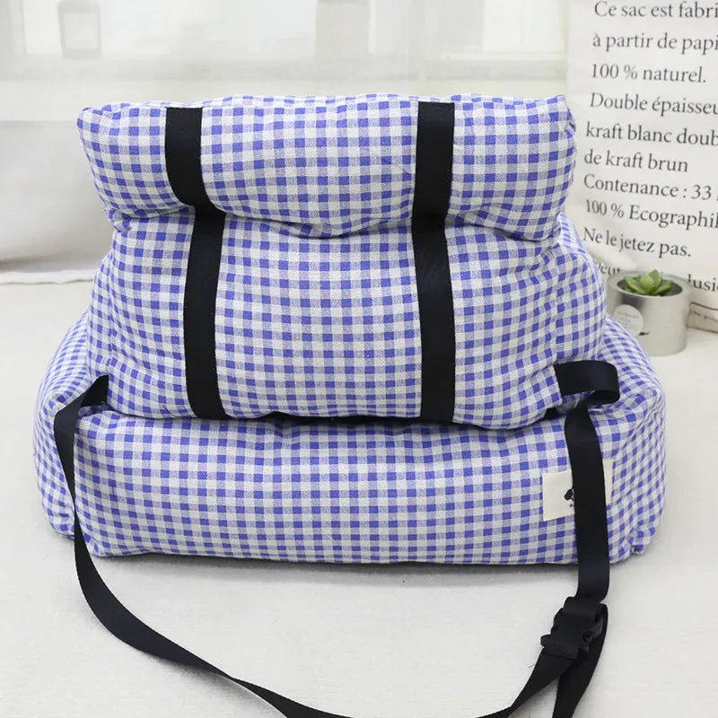 Car travel dog nest in blue plaid, stain-resistant cloth portable crate for small pets