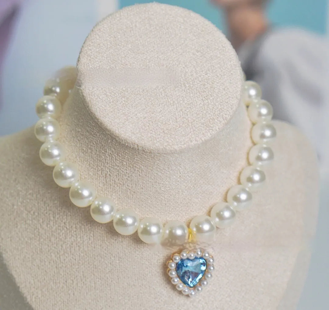 Decorative pearl and love gem cat collar necklace in a choice of colours on size guide.