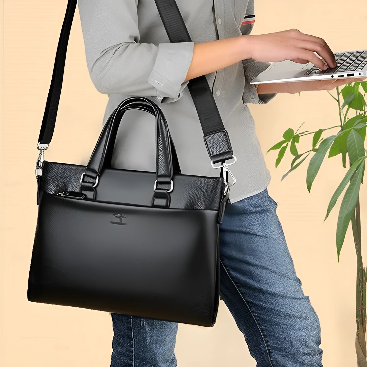 Men's black PU leather messenger bag with crossbody strap showing 35x30x4cm dimensions