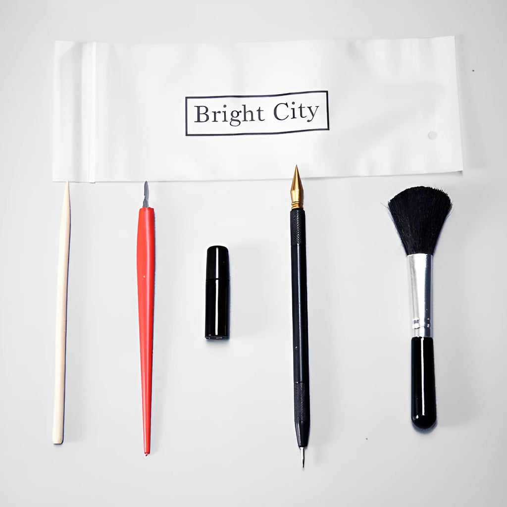 Scraping painting tools set with white card, healing pens, and log photo frame