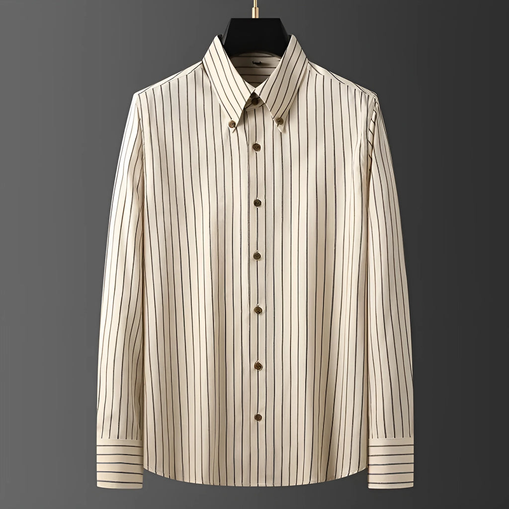 Coffee coloured striped men's long-sleeved shirt with slim fit and wool lining for spring and autumn wear