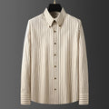 Coffee coloured striped men's long-sleeved shirt with slim fit and wool lining for spring and autumn wear