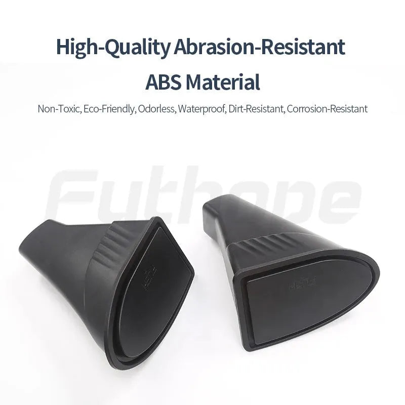 Two black ABS plastic car door storage bins for Tesla Model Y front seats.