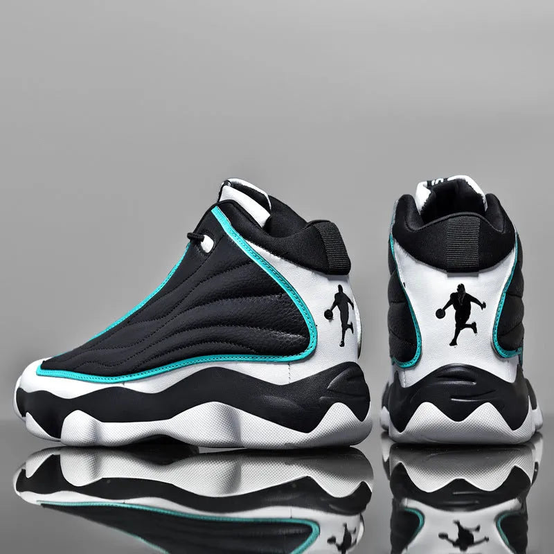 Men's high-top basketball shoe in AJ13 colour with mesh upper and thick rubber sole.
