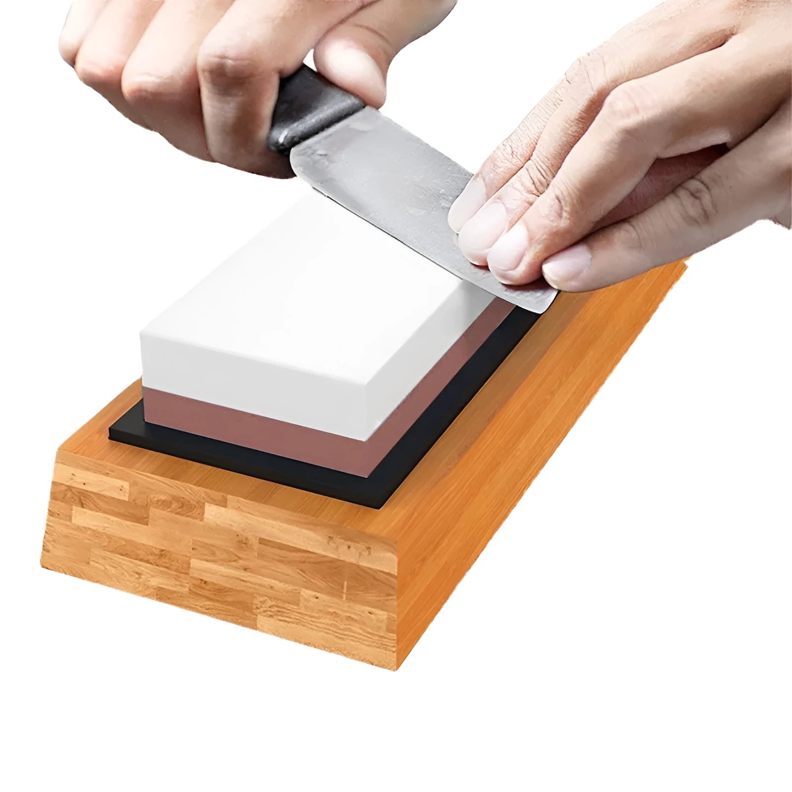 Green and white double-sided 3000/8000 grit kitchen whetstone set with bamboo base and accessories
