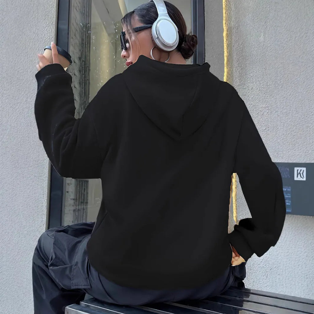 Casual long sleeved printed kangaroo pocket hoodie in black, loose fit, front view