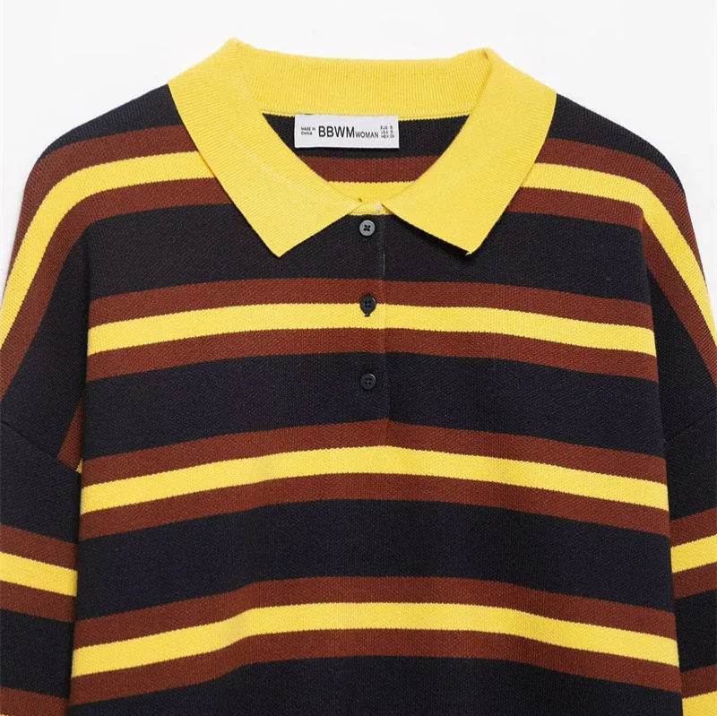 Women's striped polo collar knitted sweater with contrast stitching, long sleeves, regular fit in picture colour