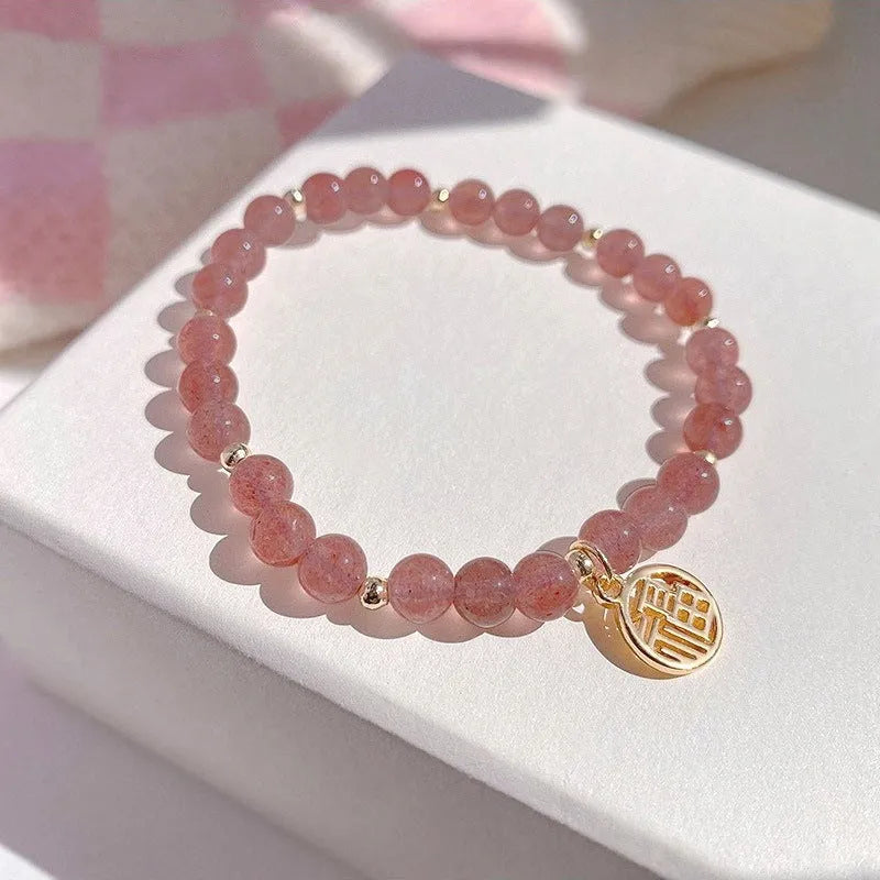 Strawberry quartz bracelet with blessing card in New Chinese style, manual processing, glass beads