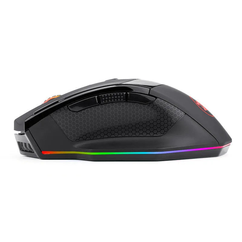 Redragon M801P black wireless gaming mouse with multiple side buttons on a desk.