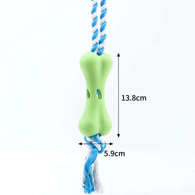 Green pet porous bone rope knot chew toy for dogs with treat stuffing openings