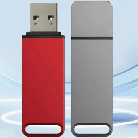 Customisable metal USB flash drive in black, red, or silver colours showing high storage capacity options.