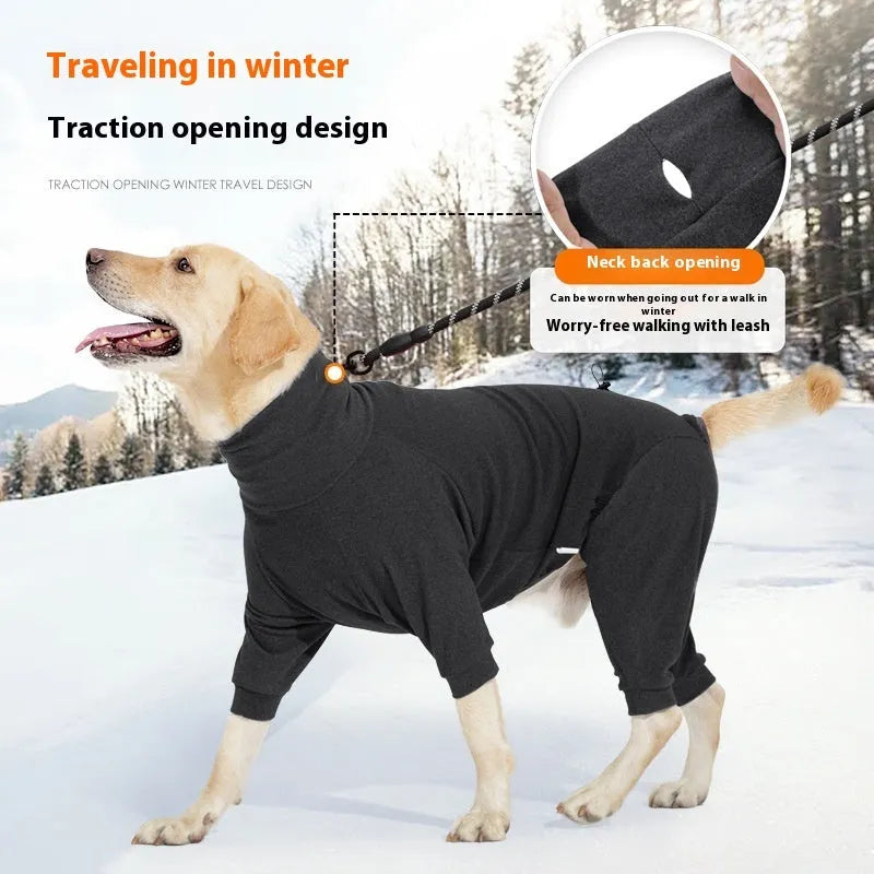 Dark grey polar fleece dog coat with high collar on a dog, showing four-legged design.