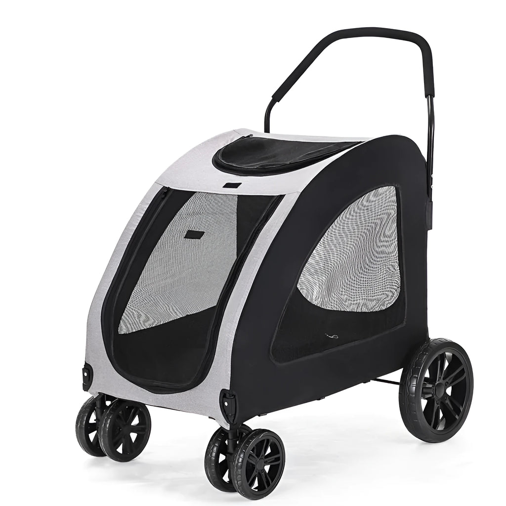 Grey foldable pet stroller for medium to large dogs with metal frame and cloth body