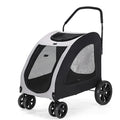 Grey foldable pet stroller for medium to large dogs with metal frame and cloth body