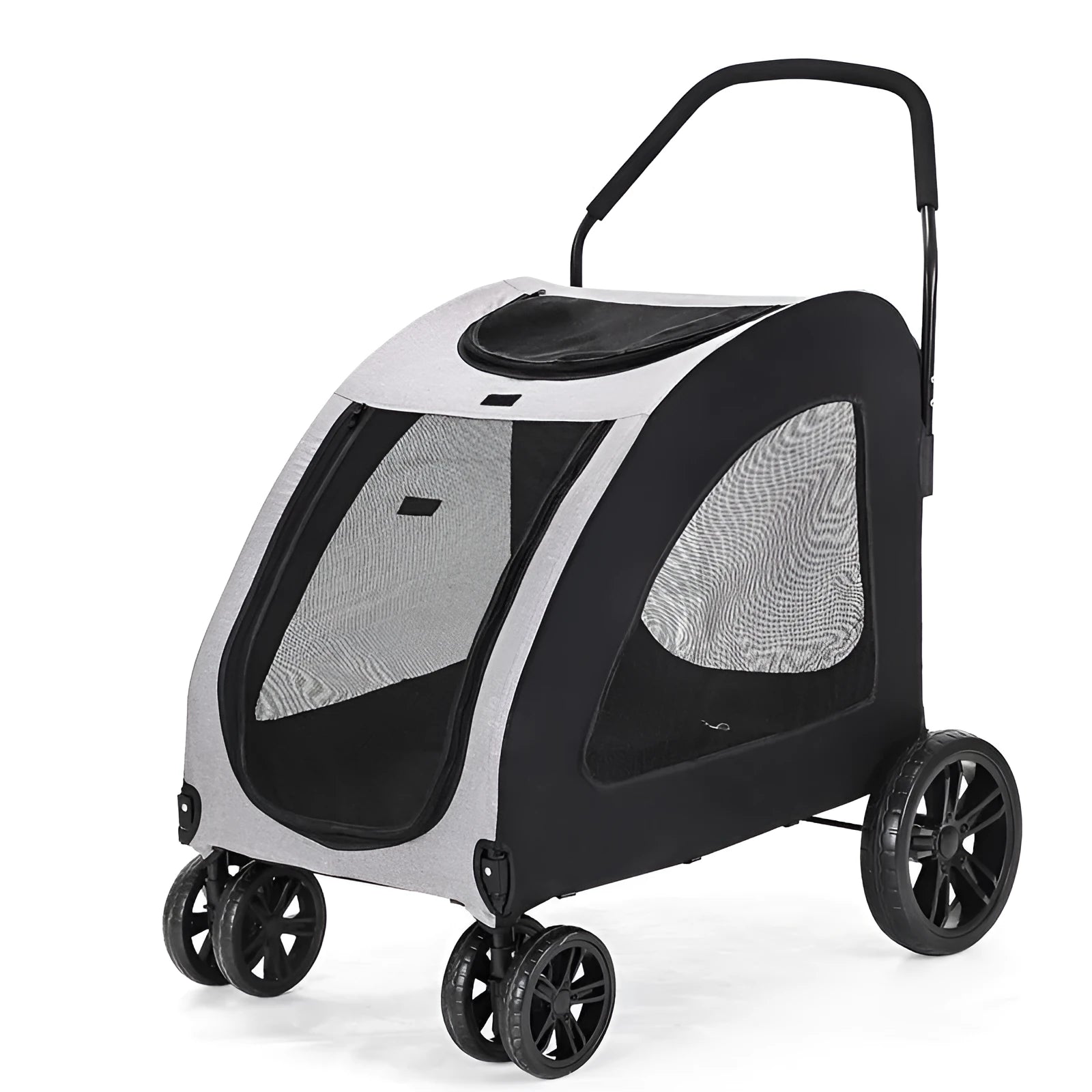 Grey foldable pet stroller for medium to large dogs with metal frame and cloth body