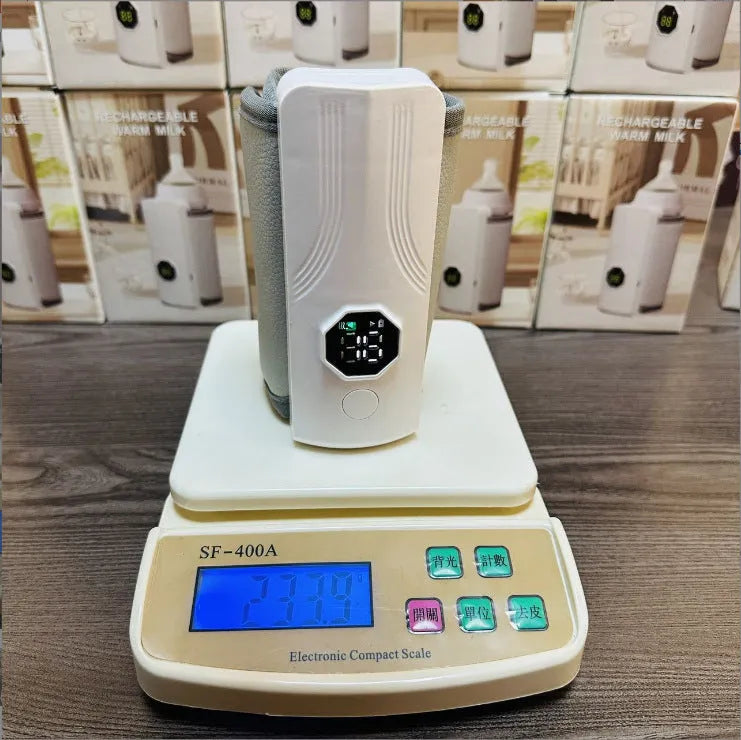 Grey and white car charger electric milk warmer with PU leather accents.
