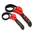 Adjustable rubber strap wrench tool set showing 6-inch and 8-inch sizes with plastic handle and phosphated metal.