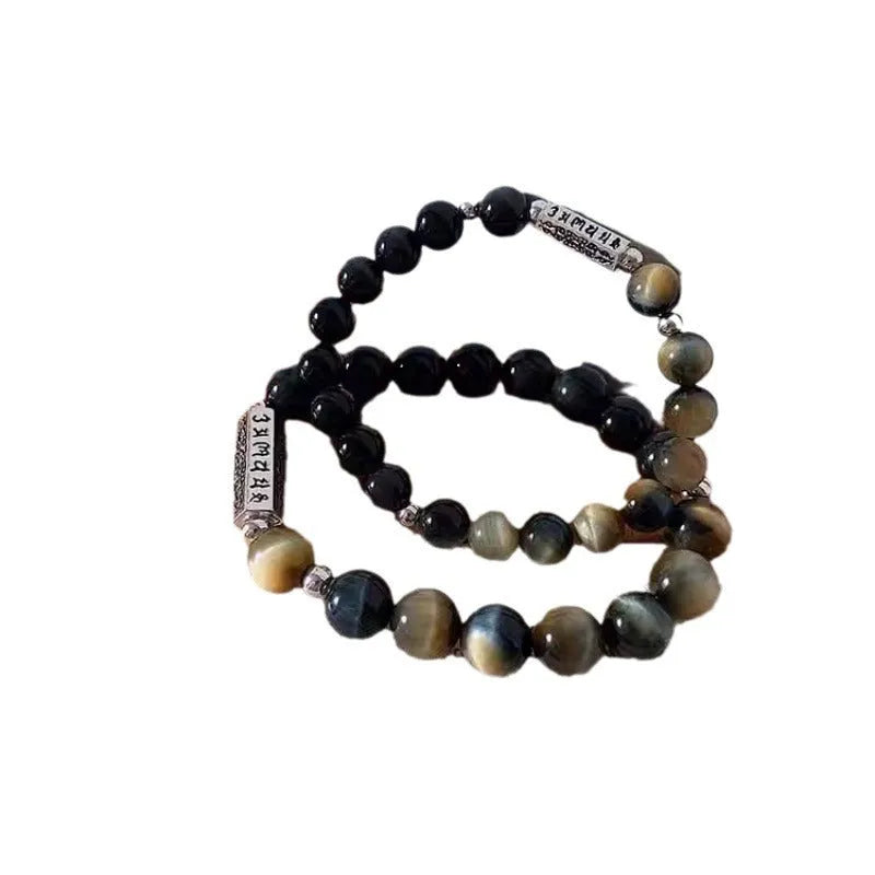 Tigereye Obsidian S925 sterling silver couple bracelet set with Chinese style geometric design