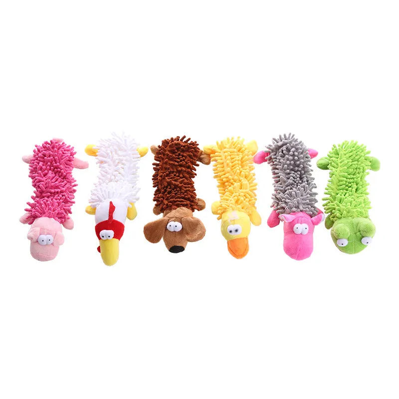 Plush dog toy with microfiber horse molar texture in six animal designs including dog, duck, chicken, pig, frog, and hippo