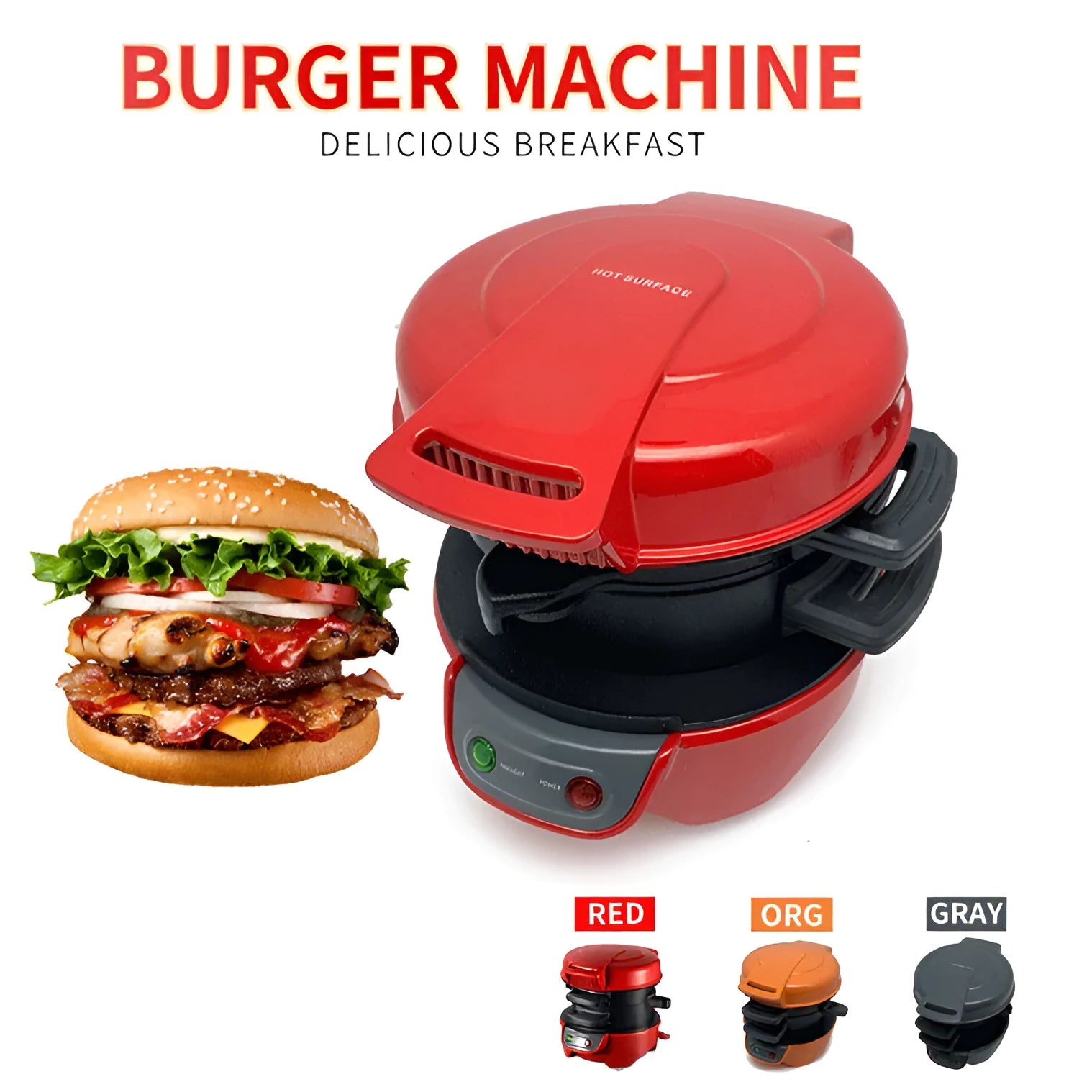Household breakfast machine sandwich maker with egg cooker ring, 750W, bright red, UK plug